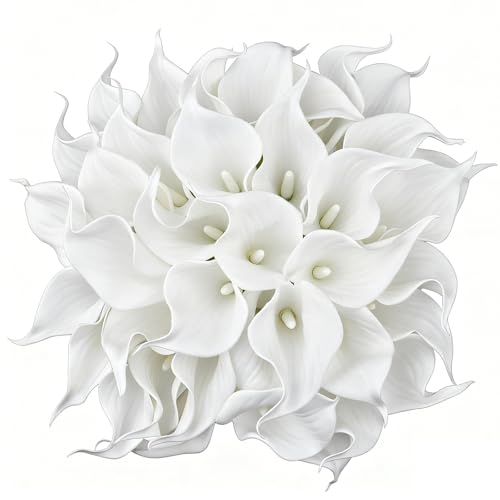 Calla Lily Bridal Wedding Festival Decor Bouquet Real Touch Latex Flower Bouquet Pack of 20 (White) - color: Pure White