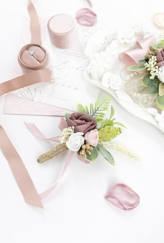 Dusty Rose Corsage and Boutonniere Set Wrist Corsage Wristlet for Prom Groom Flower Pink Boutonniere for Men Wedding Party Homecoming Accessories Suit - color: Dusty Rose