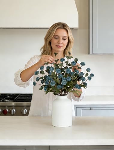 BLOSMON Blue Flowers Artificial for Decoration: Ceramic Vase with 12 Stems of Fake Mums Eucalyptuses Blue Centerpieces for Tables Decor - Faux Silk Pom Poms Floral Arrangement in vase for Living Room - color: Dusty Blue