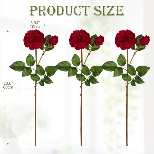 Real Touch Artificial Roses (Set of 3) – 23.6" Long Stem Red Garden Roses – Lifelike Faux Silk Flowers for Wedding Bouquets, Home Décor, Centerpieces & Floral Arrangements - color: Crimson Red, size: 3 PCS