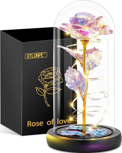 Otlonpe Preserved Artificial Glass Rose Flower Lamp, Forever Women Gifts for Birthday Christmas Valentines Mothers Day, 7.7'' Colorful Rose Gifts for Mom Grandma Daughter Wife Girlfriend, Home Decor - color: Colorful