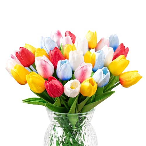 U'Artlines 30Pcs Fake Tulips Artificial Flowers with Stems Faux Tulips Bouquet Real Touch Flower for Wedding Home Kitchen Spring Easter Mother's Day Floral Arrangement Decor (Multi Colors) - color: Multi Color