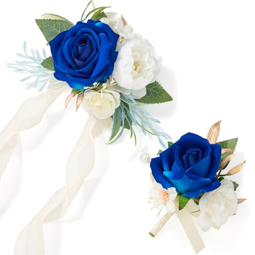 Alecono Navy Blue Corsage and Boutonniere Set, Rose Corsage Wristlet with Adjustable Ribbon and Boutonniere Supplies for Wedding Graduation Prom Flower Accessories Suit Decorations - color: Navy Blue, size: Corsage and Boutonniere Set
