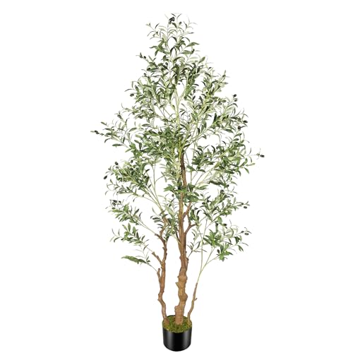 OXLLXO 7.2ft Artificial Olive Tree (85in) with Plastic Nursery Pot Faux Olive Silk Tree, Fruits Fake Plant for Office House Farmhouse Living Room Home Decor (Indoor/Outdoor) - size: 7ft 1in