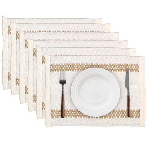 Niviy Boho Placemats Set of 6, 12x18 Inch Natural Cotton Burlap and Kitchen Woven Placemats with Tassels for Dining Table Centerpiece Thanksgiving Home Decorations - color: Beige & Brown, size: 12" x 18", Set of 6