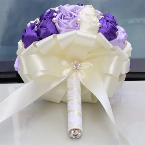 Bridal Wedding Bouquet with Rhinestone Brooch Pearl Rose Flower Bouquet for Bride Bridesmaid Wedding Quinceanera Purple Light Purple and Ivory 9.8in - color: Purple & Light Purple & Ivory, size: Extra-large (DIA. 9.8"/25cm)