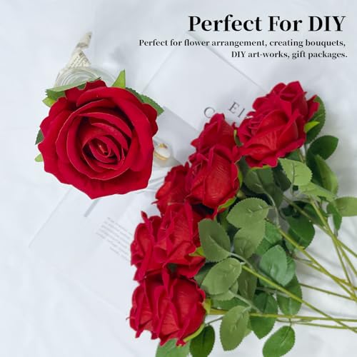 10 PCS Artificial Roses with Long Stems Silk Flowers Realistic Foam Flowers Fake Roses for Valentine's Day Home Wedding Halloween Decor(Brilliant Red) - color: Brilliant Red