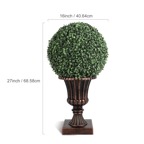 IDEALHOUSE 24 Inch Outdoor Artificial Trees with Lights, 2-Pack Pre-Lit Topiary with Remote & Timer, UV Resistant Faux Plants in Vintage Urn Pot for Porch, Patio, Home Decor, Rusitc Red Base - color: Rusitc Red Base