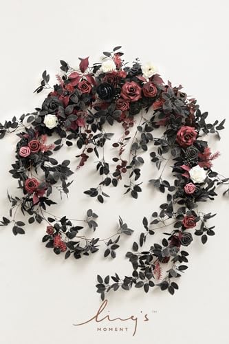 Ling's moment 9FT Eucalyptus & Willow Leaf Garland with White Flower, Handcrafted Wedding Sweetheart Table Centerpieces Head Table Decor Arch Backdrop Decorations for Wedding | Black & Burgundy - color: Red-moody Burgundy & Black