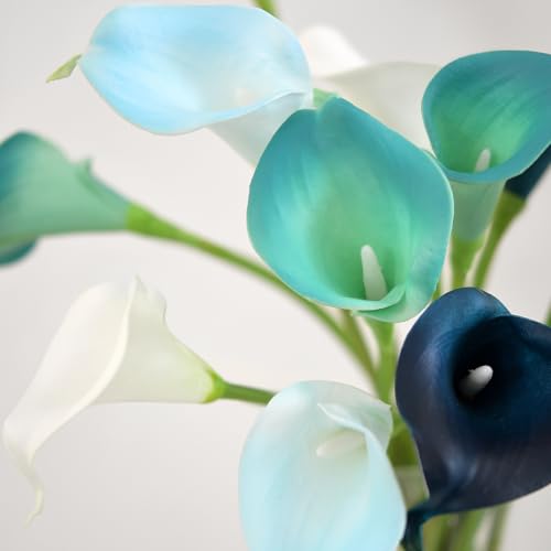 FiveSeasonStuff Posh Blue Mix Real Touch Calla Lilies, 15 Artificial PU Flower Stems with Bendable Green Stems, Faux Calla Lily Bouquet for Vase Arrangements - color: Posh Blue Mix