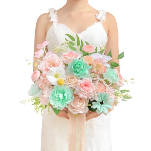 TINGE TIME 13 Inch Wedding Bouquets for Bride,Bridal Bouquet for Bride, Artificial Silk Flowers for Wedding Ceremony and Anniversary (Mint Green & Pink) - color: Mint Green & Pink