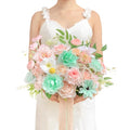 TINGE TIME 13 Inch Wedding Bouquets for Bride,Bridal Bouquet for Bride, Artificial Silk Flowers for Wedding Ceremony and Anniversary (Mint Green & Pink) - color: Mint Green & Pink
