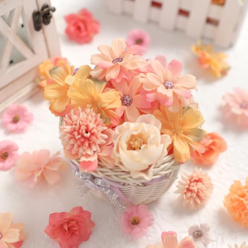rongflower Faux Flower Heads Mini Orange Artificial Flower Heads Fake Peony Daisy Rose Flowers Multicolor Small Silk Daisy Flower Heads for Craft Garland Wedding Party DIY Home Decoration,2-4 cm - color: Orange