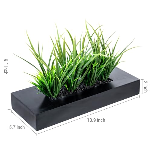 MyGift Large Artificial Green Grass Plants Potted in 14-Inch Matte Black Wood Decorative Planter, Tabletop Faux Greenery in Wooden Rectangular Pot Centerpiece Décor - color: Black, size: 14 Inch
