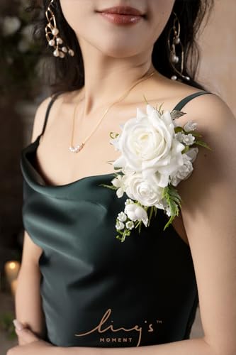 Ling's moment 2pcs Prom Wrist/Shoulder Corsage Artificial Flower, Girl/Mother Homecoming/Wedding Corsage Wristlet Décor, etc. White Lily Valley - color: Wht-white & Lily Valley