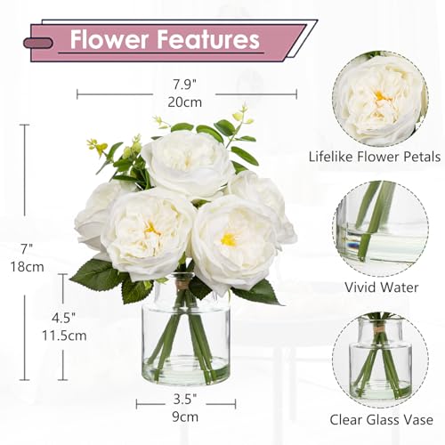 Hollyone Real Touch Peonies Artificial Flowers Arrangements in Vase White Fake Peonies with Glass Vase Silk David Austin Roses Faux Flowers with Clear Faux Water Bouquet Table Centerpiece Home Decor - color: White