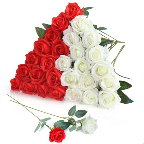 30pcs Fake Roses Artificial Silk Flowers Long Stems Bouquet for Wedding Bridal Shower Party Home Decoration (White + Red) - color: White + Red