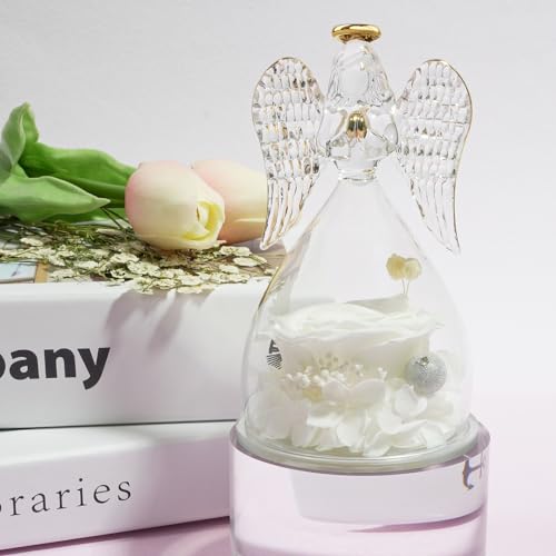Miofula Gifts for Mom Birthday Gifts for Women, Preserved Flowers Rose in Glass Angel Figurines, Fresh Flowers for Delivery Anniversary Forever Real Roses Gifts for Mothers Grandma Her Wife Girlfriend - color: White