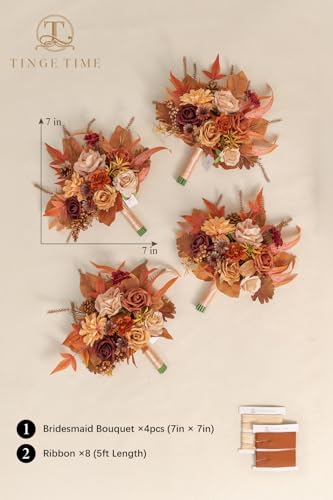 TINGE TIME 7 Inch Wedding Bouquets for Bridesmaid, Set of 4, Artificial Flowers Cascading Bridal Bouquet for Fall Wedding Ceremony Anniversary Bridal Shower and Rustic Vintage Wedding (Maple Red) - color: Maple Red