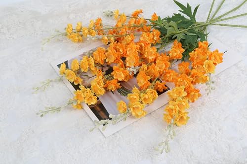 IPOPU 9Pcs Orange Artificial Delphinium Flowers Combo Clematis Greenery Stems, 33.5" Long Stem Larkspur for Wedding Centerpieces, Bridal Bouquet, Home Party Table Decor (Orange) - color: Orange