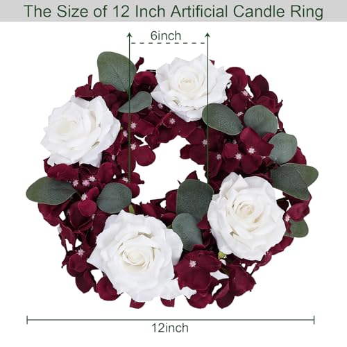 Artificial Flower Candle Rings - 6 Inch Inner Rose Floral Wreaths for Wedding Bridal Event Table Centerpieces Backdrop Decorations (Burgundy & White, 6 X Candle Rings) - color: Burgundy & White, size: 6 X Floral Wreaths