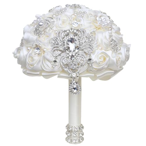 Bridal Wedding Bouquet Round Bling Brooch Bouquet Artificial Rose Flower Bunch for Bride Bridesmaid Wedding Quinceanera(Ivory, 7.5") - color: Ivory*, size: Small (Dia. 7.5"/19cm)