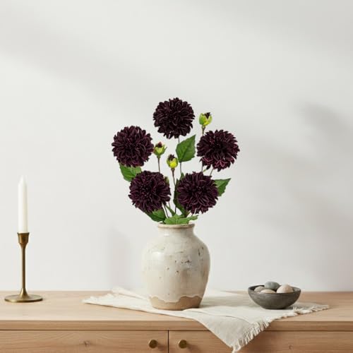 Hollyone Dark Red Dahlia Artificial Flowers 5Pcs Fake Dahlia Flowers for Decoration Silk Flower with Long Stem 17.7" Floral Arrangements Bouquets Indoors Outdoors Faux Dahlias Centerpieces Home Decor - color: Dark Red