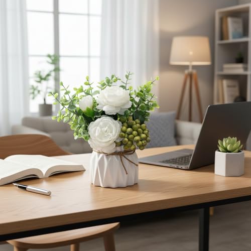 LADADA White Artificial Flowers with White Vase for Table Centerpiece Home Decor - color: White Rose