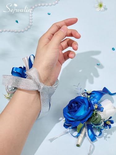 Serwalin Blue Prom Corsage and Boutonniere Set, Artificial Calla Lily & Rose Wrist Corsage Wristlet for Wedding, Homecoming, Formal Dance, Party Flowers Accessories Suit Decorations - color: Royal Blue