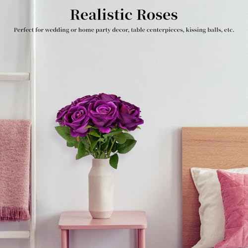 10 PCS Artificial Roses with Long Stems Silk Flowers Realistic Foam Flowers Fake Roses for Valentine's Day Home Wedding Halloween Decor(Rose Purple) - color: Rose Purple