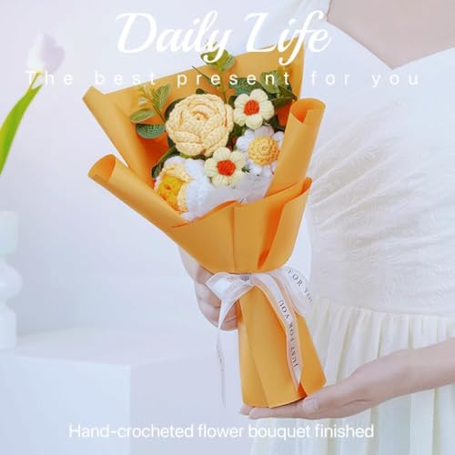 Crochet Flowers,Crochet Rose Flower, Crochet Bouquet Packaging Flowers Suitable for Table Decoration, Gifts for Mom,Women,Girlfriend Mother‘s Day,Valentine's Birthday Wedding Gift (Yellow) - color: Yellow