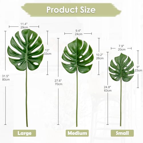 DILATATA 3 Pack Artificial Monstera Leaves with Long Stem for Vase - Fake Tropical Plants Palm Leaves Realistic Philo Turtle Leaves for Home Wedding Party Decor - color: Monstera#pe 3pcs
