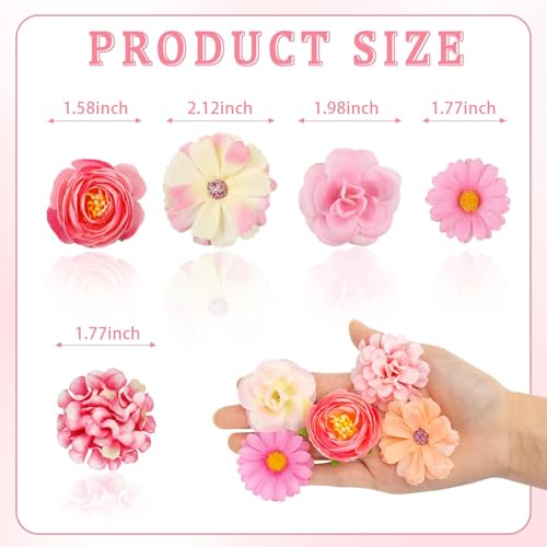 Fake Flower Heads for Crafts, 66PCS Mini Artificial Flowers Bulk, Small Silk Daisy Rose Sunflower Faux Floral Heads for DIY Hair Clips, Wedding Cake, Graduation Cap, Wreath & Party Decoration - color: Pink