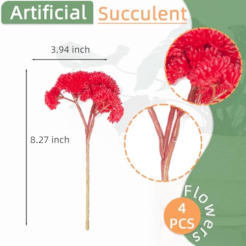 4PCS Artificial Succulent Flower, Plastic Plants Green Artificial Plants for Home Garden, Party, Bedroom Office, Wedding (Red) - color: Red, size: 4PCS
