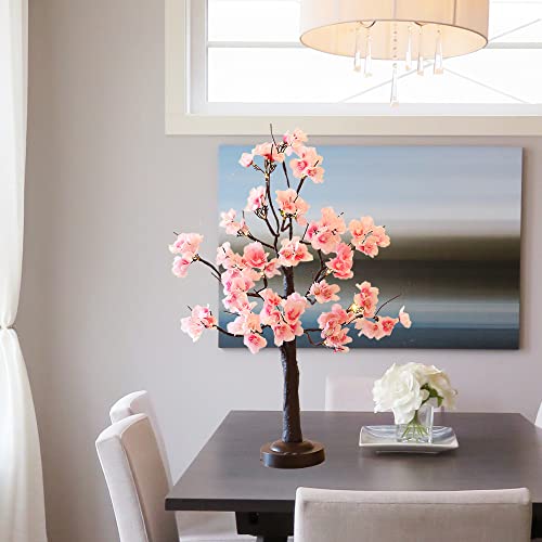 24 LED Pink Cherry Blossom Tree Light 18 Inches Artificial Tabletop Fairy Tree Lamp Eight Lighting Modes USB or Battery Operated with Timer Decor for Bedroom Wedding Christmas Spring (Warm White)