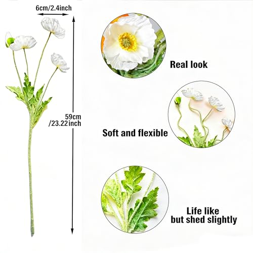 HCTCPALS Artificial Flowers for Outdoors 6 Pcs Poppy Plant Realistic Silk Fake Flowers for UV Resistant Faux Plants Outdoor Indoor Outside Front Porch Hanging Planter Decoration-23.5” White - color: Poppy White