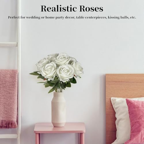 10 PCS Artificial Roses with Long Stems Silk Flowers Realistic Foam Flowers Fake Roses for Valentine's Day Home Wedding Halloween Decor(White) - color: White