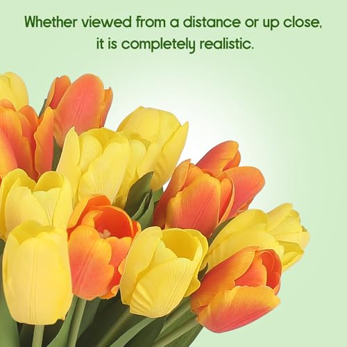 Artificial Tulips - 20 Stems Real Touch Realistic Fake Tulip Flowers Premium Silk Feel UV-Resistant Anti-Fade Waterproof Lifelike Tulips for Home Decor, Wedding Party DIY (Yellow & Orange) - color: Yellow & Orange