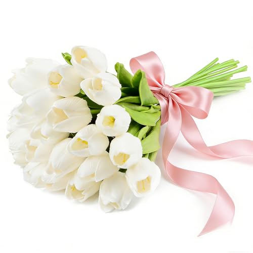 Artificial Tulips Bridal Wedding Festival Decor Bouquet Real Touch PU Flower Bouquet Pack of 20 (White) - color: White