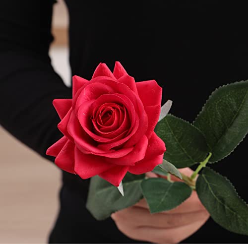 ZMZQ&flw Red Roses Artificial Flowers 12PCS, Real Touch Silk Flowers, Realistic Single Fake Flower with Stems Leaves - color: Red 12pcs
