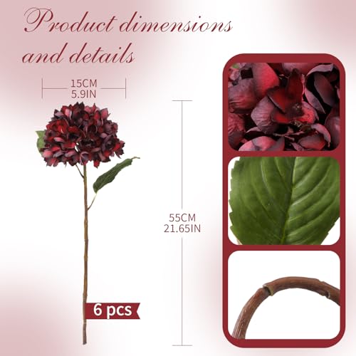 6PCS 21 Inch Lifelike Artificial Silk Hydrangea Flowers, Large Fake Hydrangea Flowers Bouquet with Stems, Full Faux Hydrangea for Home Decor Wedding Table Party Office Decor(Burgundy) - color: Burgundy