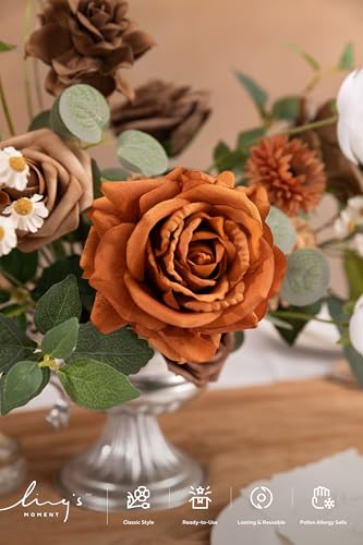 Ling's moment Artificial Wedding Flowers Combo, Fake Greenery for DIY Bouquets Centerpieces Decorations Foam Rose Ranunculus with Stems for Party Home Decor, Earth Brown & Burnt Orange, Deluxe Combo - color: Earth Brown & Burnt Orange, size: Deluxe