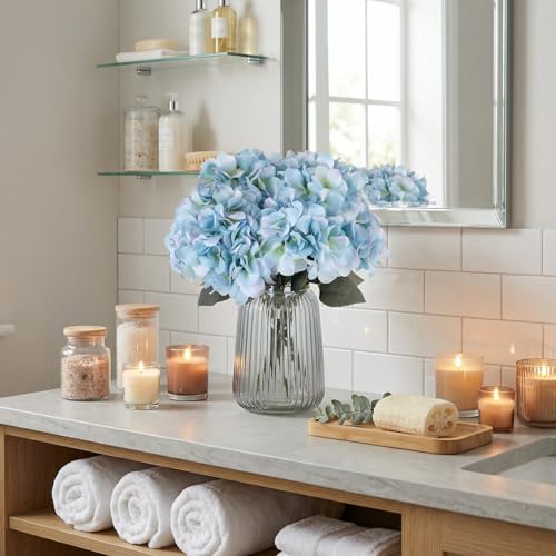 2Bouquets Artificial Fake Flowers Silk Hydrangea Arrangements Wedding Bouquets Decorations Plastic Floral Home Kitchen Garden Party Festival Bar DIY (Light Blue) - color: Light Blue, 5flowe Head