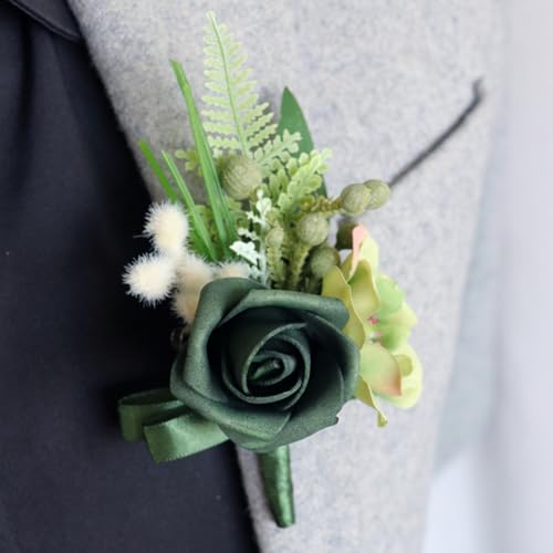 green Rose Wrist Corsage Boutonniere Set,Handmade Silk Flower for Bride Hand Flower Men Boutonniere, Prom Artificial Flower Wrist Corsage Bracelets