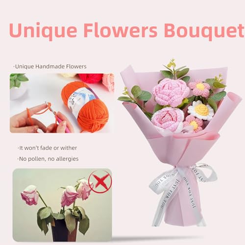 Crochet Flowers Bouquet,Pink Rose Crocheted Flower Bouquet,Knitted Artificial Flowers Bouquet Get Well Gifts for Women Girlfriend Family Coworker Mother's Day Christmas Birthday Wedding Gift - color: Pink