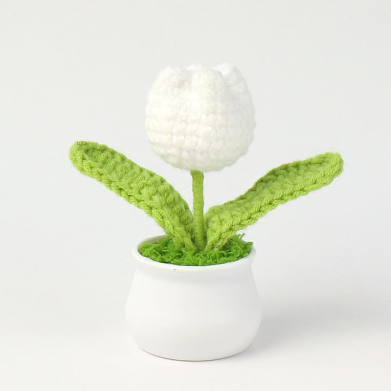 Crochet Tulip Flowers, 2pcs Small Potted Flower Tulip Artificial Flowers Handmade Knitted Tulips Potted Plants for Home Office Desk Decorations Gift (White) - color: White Tulip