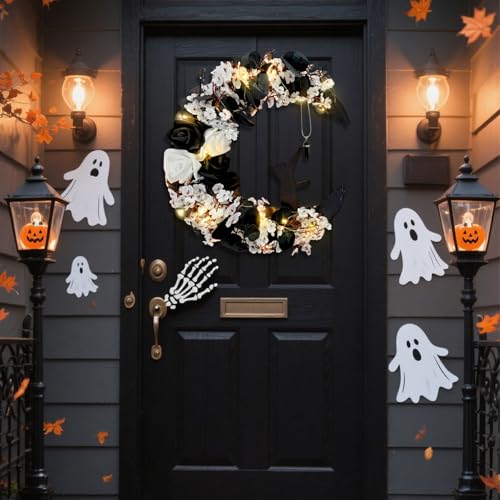 Halloween Wreaths for Front Door, Flower Moon Cat Halloween Home Decoration, Fall Winter Family Gathering Decoration Wreath Outdoor Wall Closet Fence Spooky Wreath(Moon Cat White13.7in×9.8in) - color: Moon Cat - White