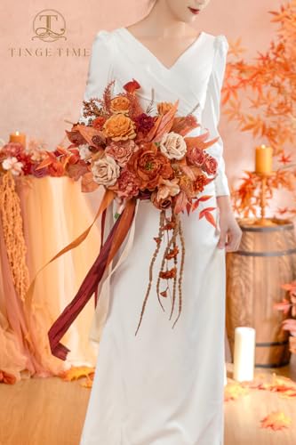 TINGE TIME 13 inch Maple Red Wedding Bouquets for Bride, Bridal Bouquet for Bride, Artificial Silk Rose for Graduation Bouquet, Fake Flowers for Fall Wedding Ceremony and Anniversary - color: Maple Red