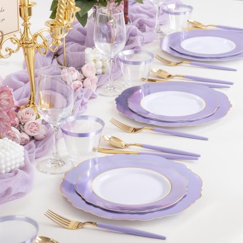 WDF 60pcs Purple Plates Disposable with Gold Rim - Baroque Light Purple Plastic Plates - Lavender Plates for Spring/Wedding/Birthday - color: Purple and White, size: 60PCS