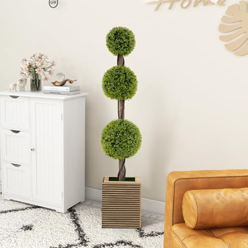 GOFLAME Artificial Boxwood Topiary Tree, 4FT Faux Triple Ball Topiary Tree in Cement-Filled Pot, Fake Boxwood Plant Potted with Rattan Trunk for Home Porch, Indoor Outdoor Use, 1 Pack - size: 4ft